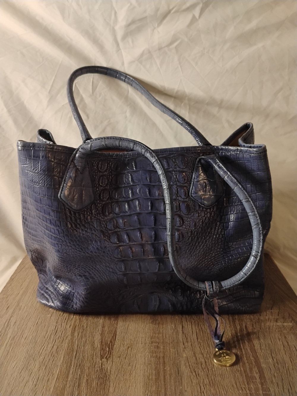Brahmin Navy Croc-Embossed Leather Shoulder Tote